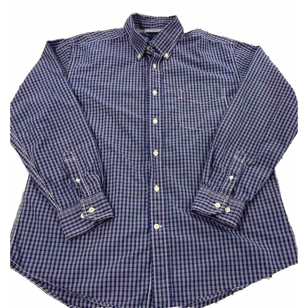 Tommy Hilfiger Men’s Large Blue White Plaid Long Sleeve Button Down Shirt Preppy